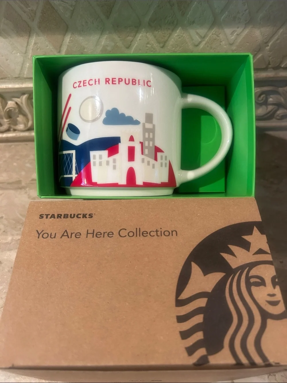 Starbucks Czech Republic White Red and Blue Ceramic Mug RARE